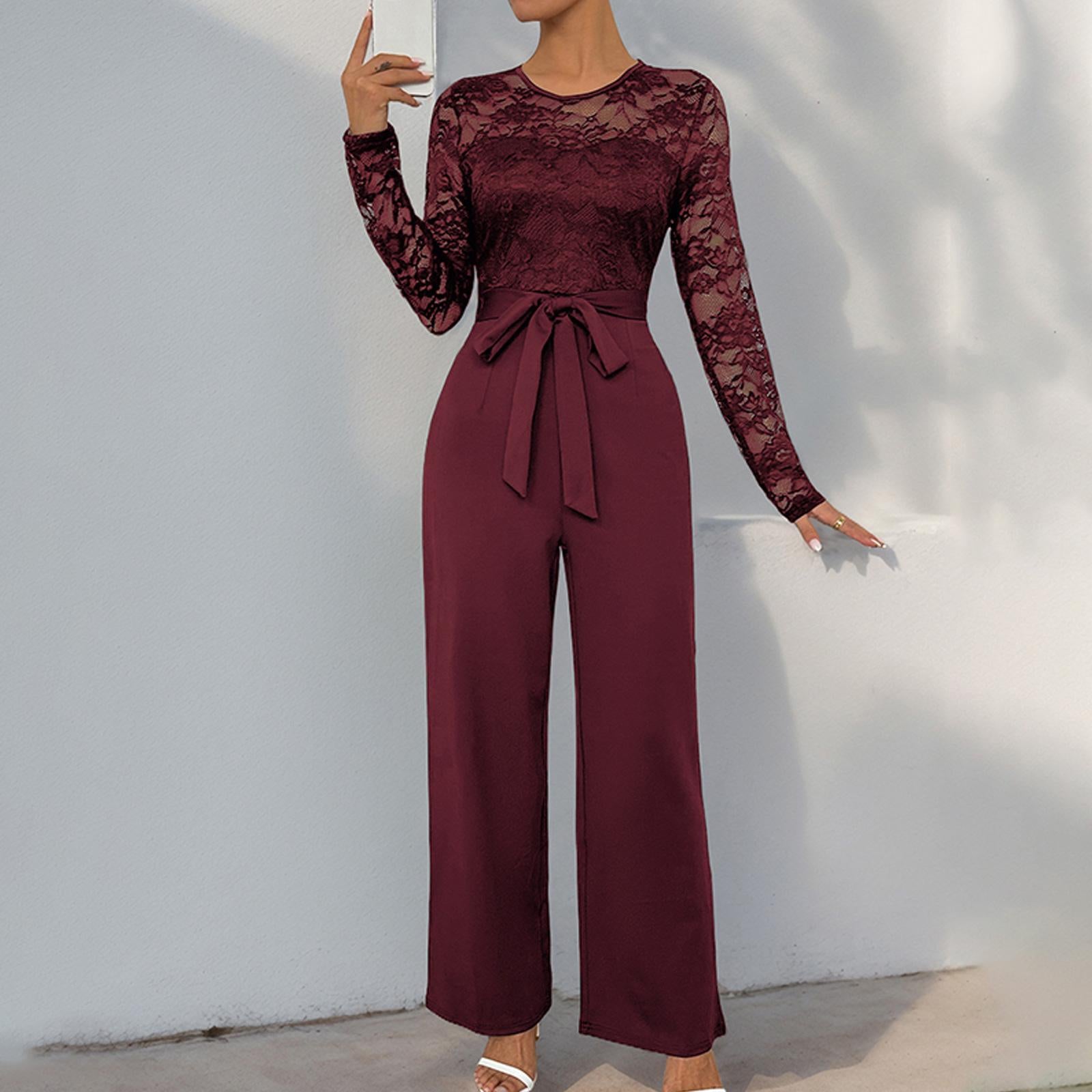 Elegant Lace Long Sleeve Jumpsuit for Women, Belted High Waist Wide Leg Formal Romper, Evening Party Wedding Guest Outfit