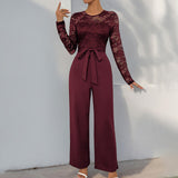 Elegant Lace Long Sleeve Jumpsuit for Women, Belted High Waist Wide Leg Formal Romper, Evening Party Wedding Guest Outfit