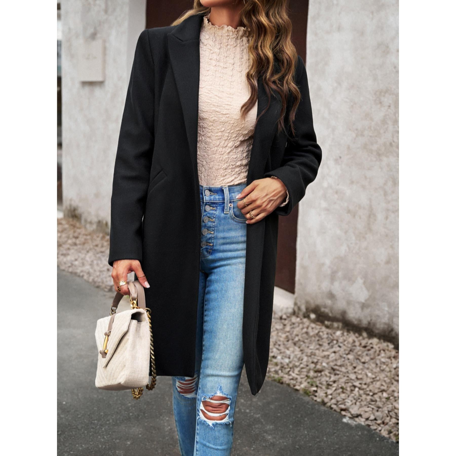 Women Lapel Open Front Mid Length Wool Blend Coat, Elegant Long Sleeve Casual Outerwear for Fall Winter, 2 Colors Wine Red / Black