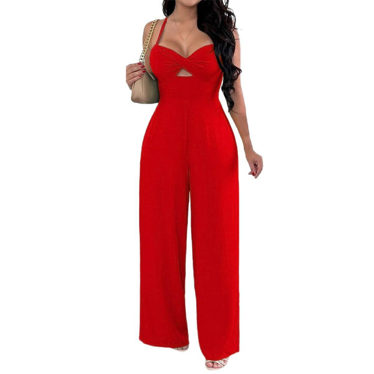 Women Spaghetti Strap Jumpsuit Twist Front Cutout Criss Cross Tie Back Wide Leg Elastic Waist Sleeveless Summer Party Romper