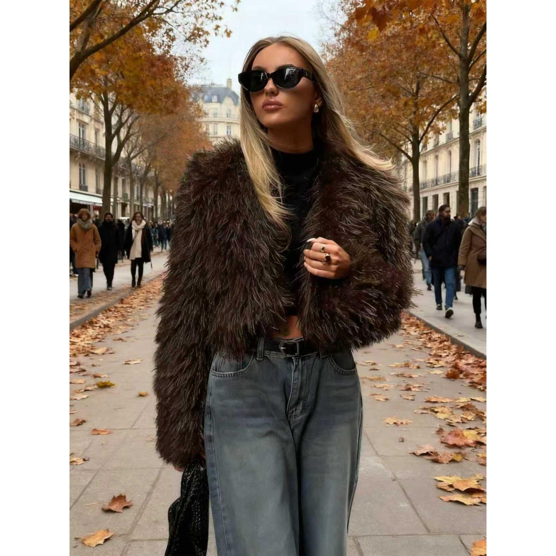 Women Shaggy Faux Fur Cropped Jacket, Long Fluffy Mongolian Faux Fur Open Front Short Coat, Trendy Fall Winter Streetwear Outerwear for Night Out Party