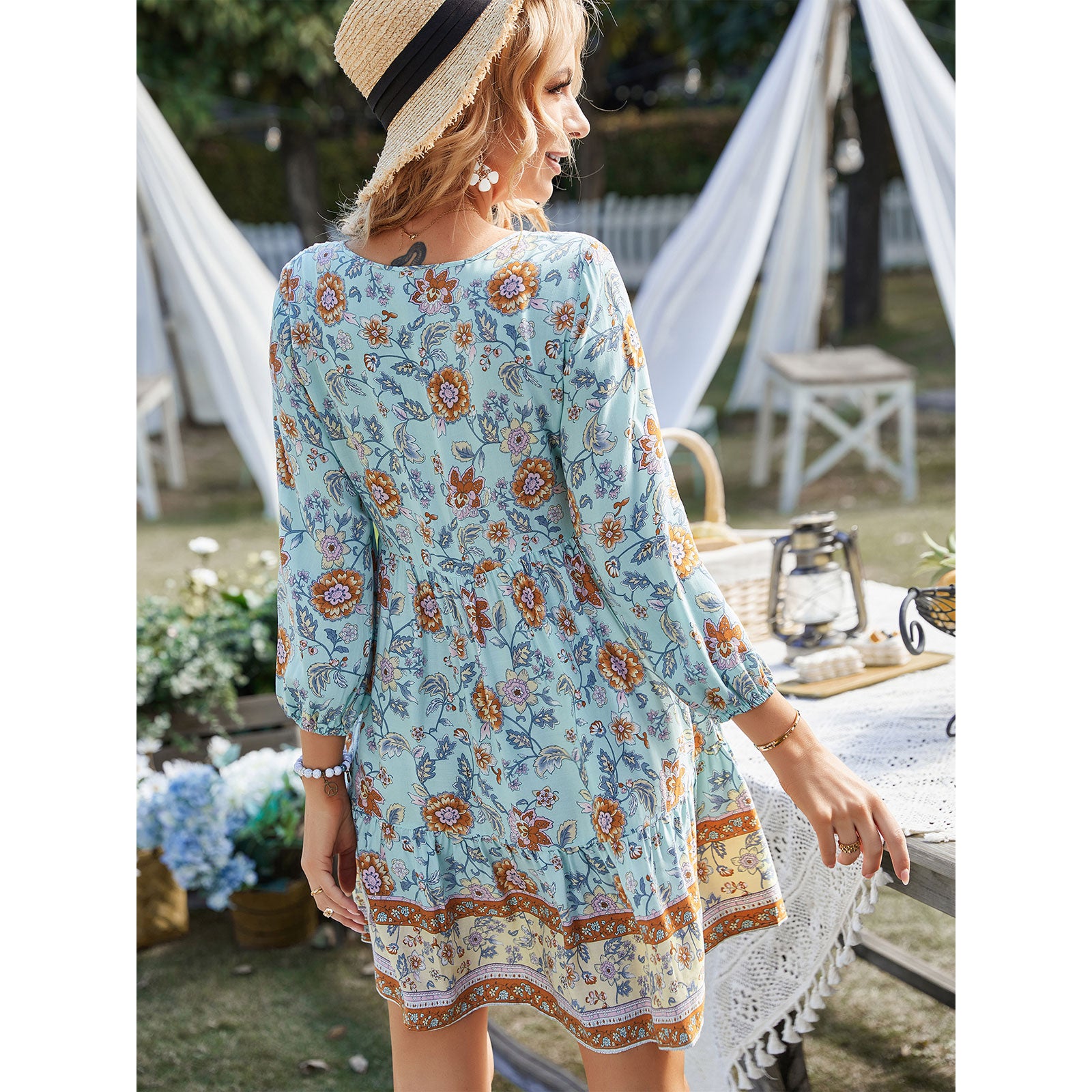 Women's Retro Bohemian Beach Casual Mini Dress - V-Neck, 3/4 Puff Sleeves, Lightweight Soft Elastic Ruffle Tiered Flowy Floral Print, Button Tassel Tie Breathable Summer Dress
