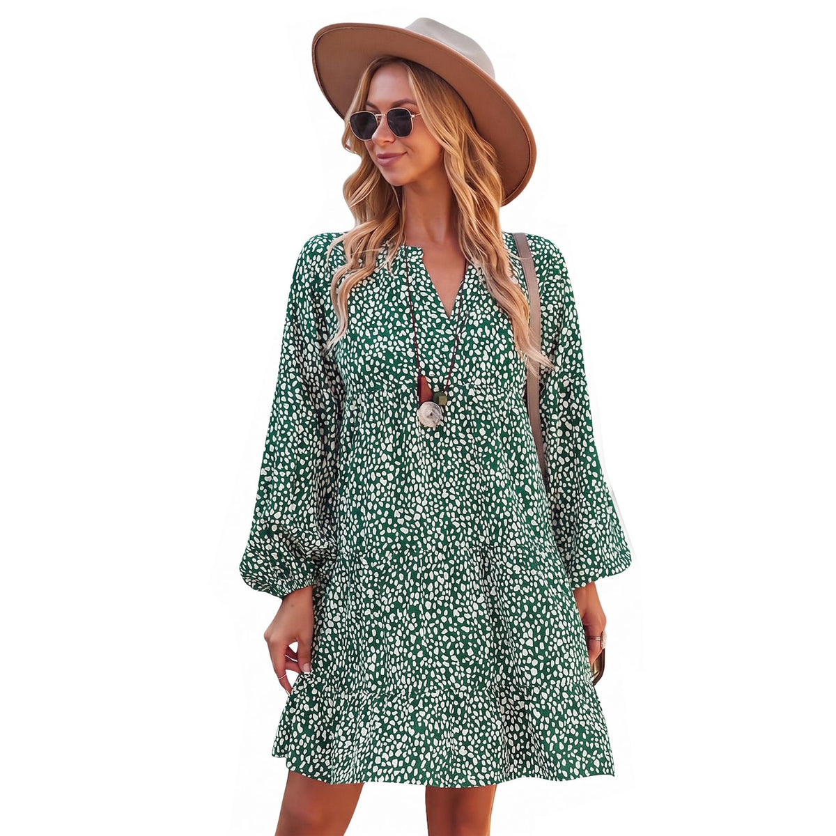 Women's Soft Lightweight Feminine Elastic Bohemian Leopard Speckled Print Long Lantern Sleeve V-Neck Tiered Ruffle Mini Dress - Comfortable Fit, Hip-Loose Flowy Tunic, Casual Wear for Day, Vacation