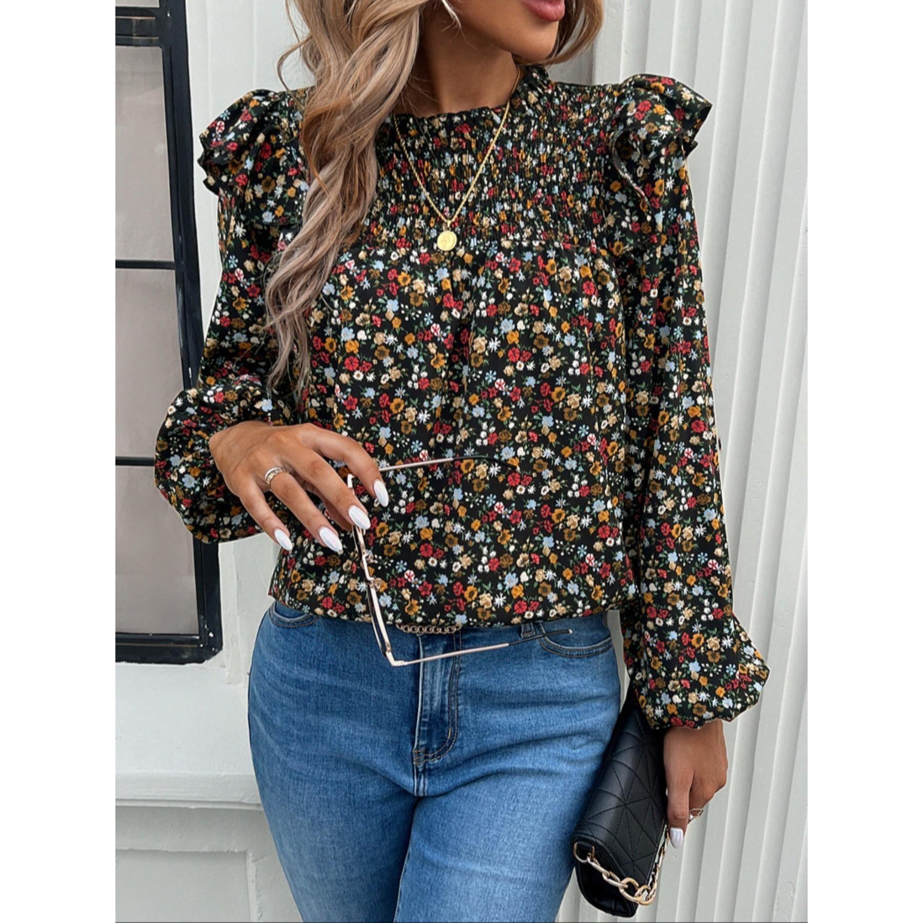 Women's Gorgeous Ditsy Floral Print Polyester Blouse - Smocked Mock Neck, Ruffle Balloon Long Sleeves, Everyday Bohemian Casual Shirt