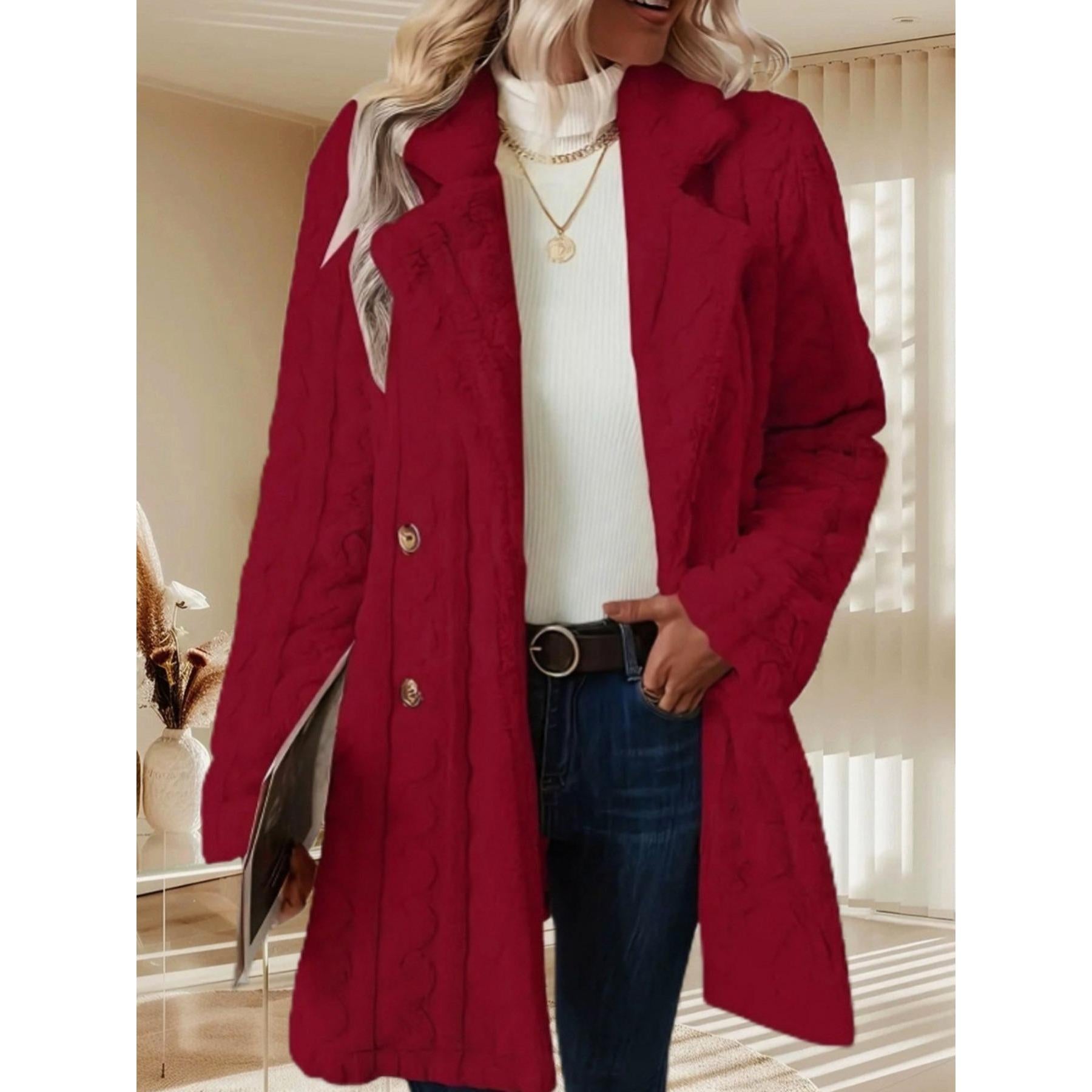 Women's Vintage Cable Knit Warm Plush Mid-Length Coat - Lapel, Double Breasted, 2-Button, Full Sleeves, Casual Winter Outerwear, Buttoned Women's Fleece Jackets (Vintage Clothing)