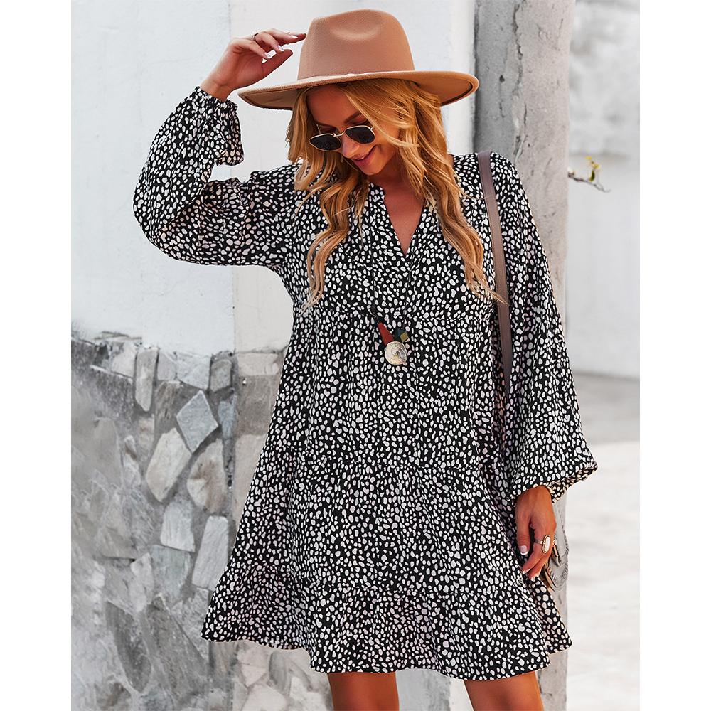 Women's Soft Lightweight Feminine Elastic Bohemian Leopard Speckled Print Long Lantern Sleeve V-Neck Tiered Ruffle Mini Dress - Comfortable Fit, Hip-Loose Flowy Tunic, Casual Wear for Day, Vacation