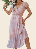 Women's Floral Summer Dress Wrap V Neck Short Sleeve Ruffle Hem A-Line Bohemian Maxi Dresses with Belt