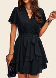 Summer Dress for Women Sexy Deep V Neck Short Sleeve Ruffle High Waist A-Line Casual Mini Dress