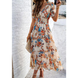 Lady's Elegant Casual Polyester Dress - Short Sleeves, V-Neck, Ditsy Floral Print, A-Line, Bohemian Style, Pull-On, Machine Washable Casual Wear for Summer Vacation Beach