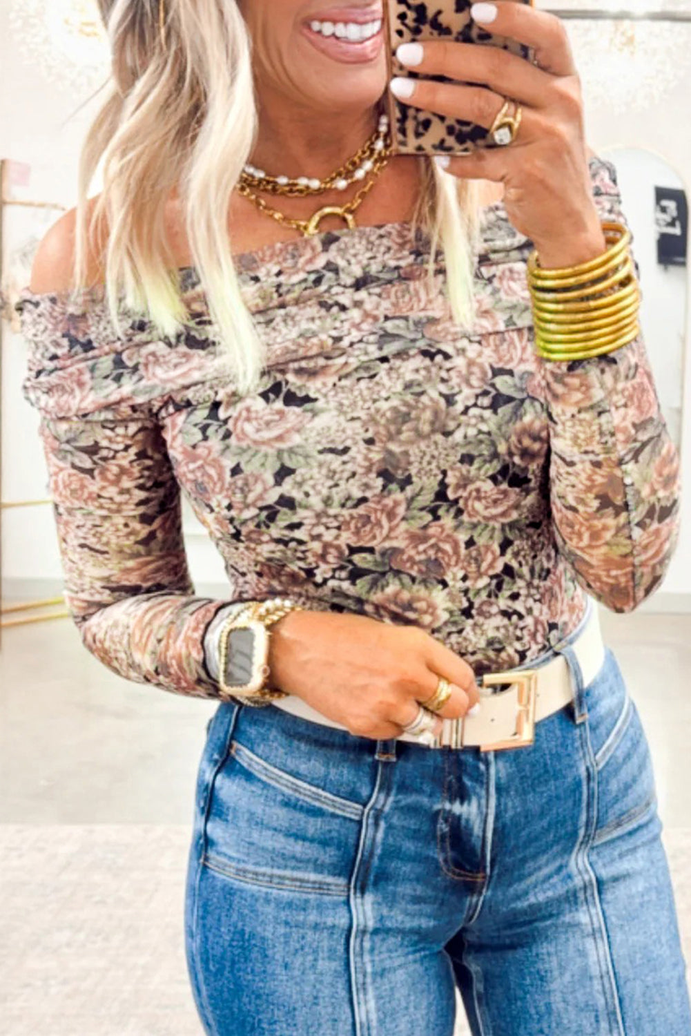 Black Floral Print Mesh Long Sleeve Foldover Off Shoulder Top