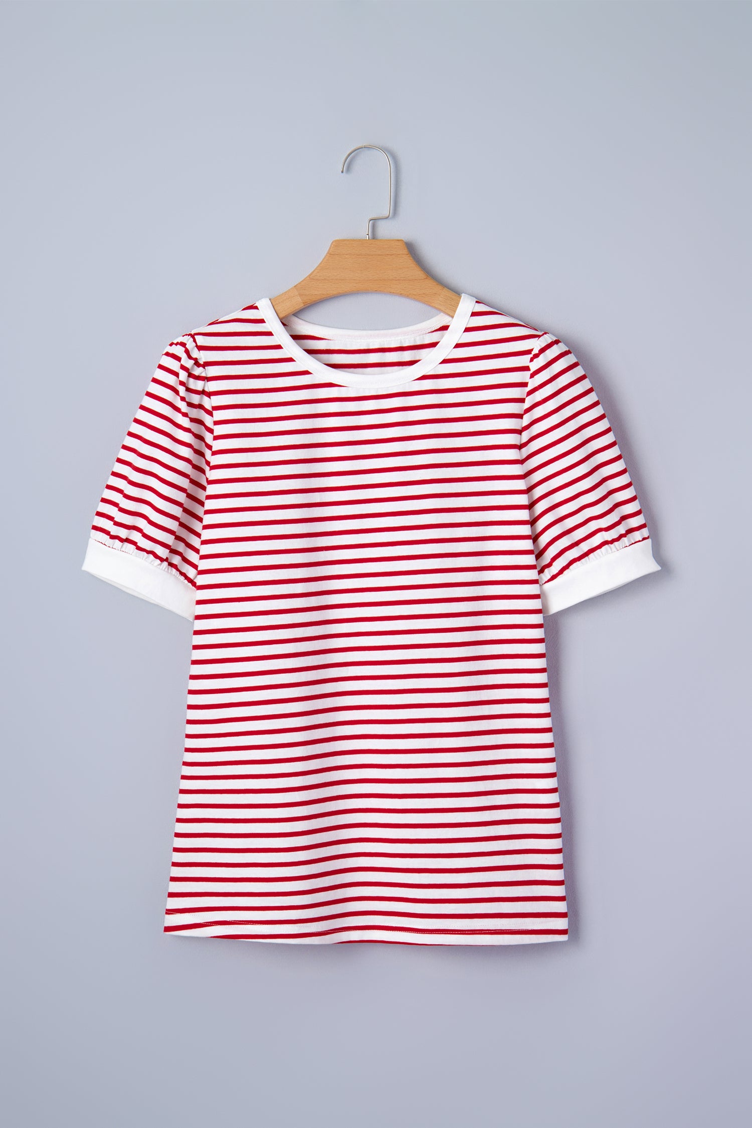 Red Stripe Contrast Trim Round Neck Short Puff Sleeve T Shirt