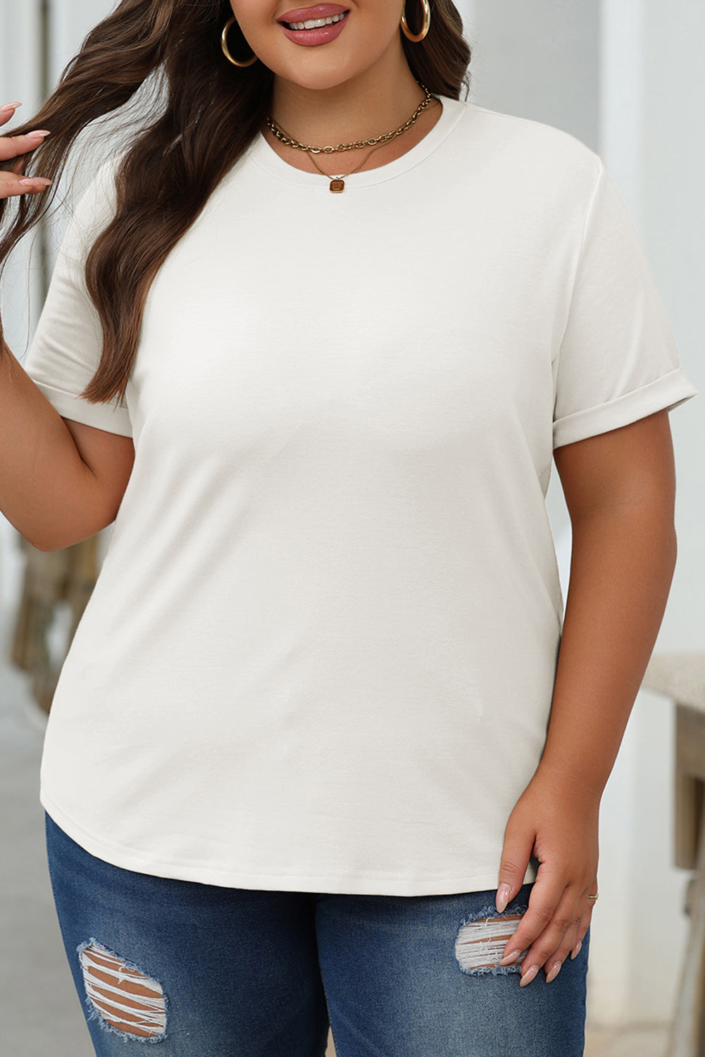 White Casual Plain Crew Neck Tee