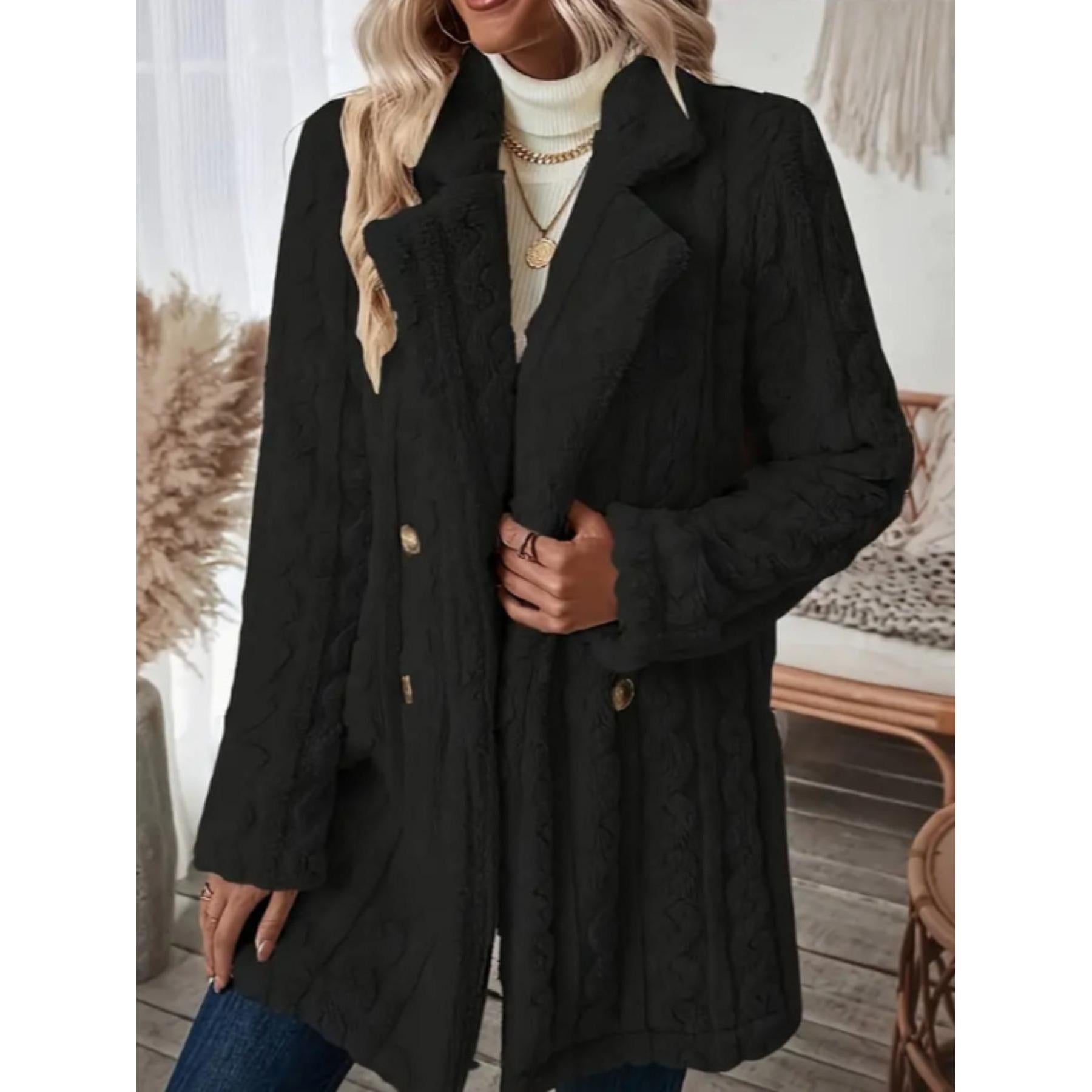 Women's Vintage Cable Knit Warm Plush Mid-Length Coat - Lapel, Double Breasted, 2-Button, Full Sleeves, Casual Winter Outerwear, Buttoned Women's Fleece Jackets (Vintage Clothing)