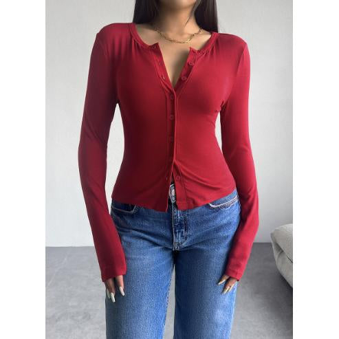 Women's Henley Neck Button-Down Long-Sleeve Cropped Blouse
