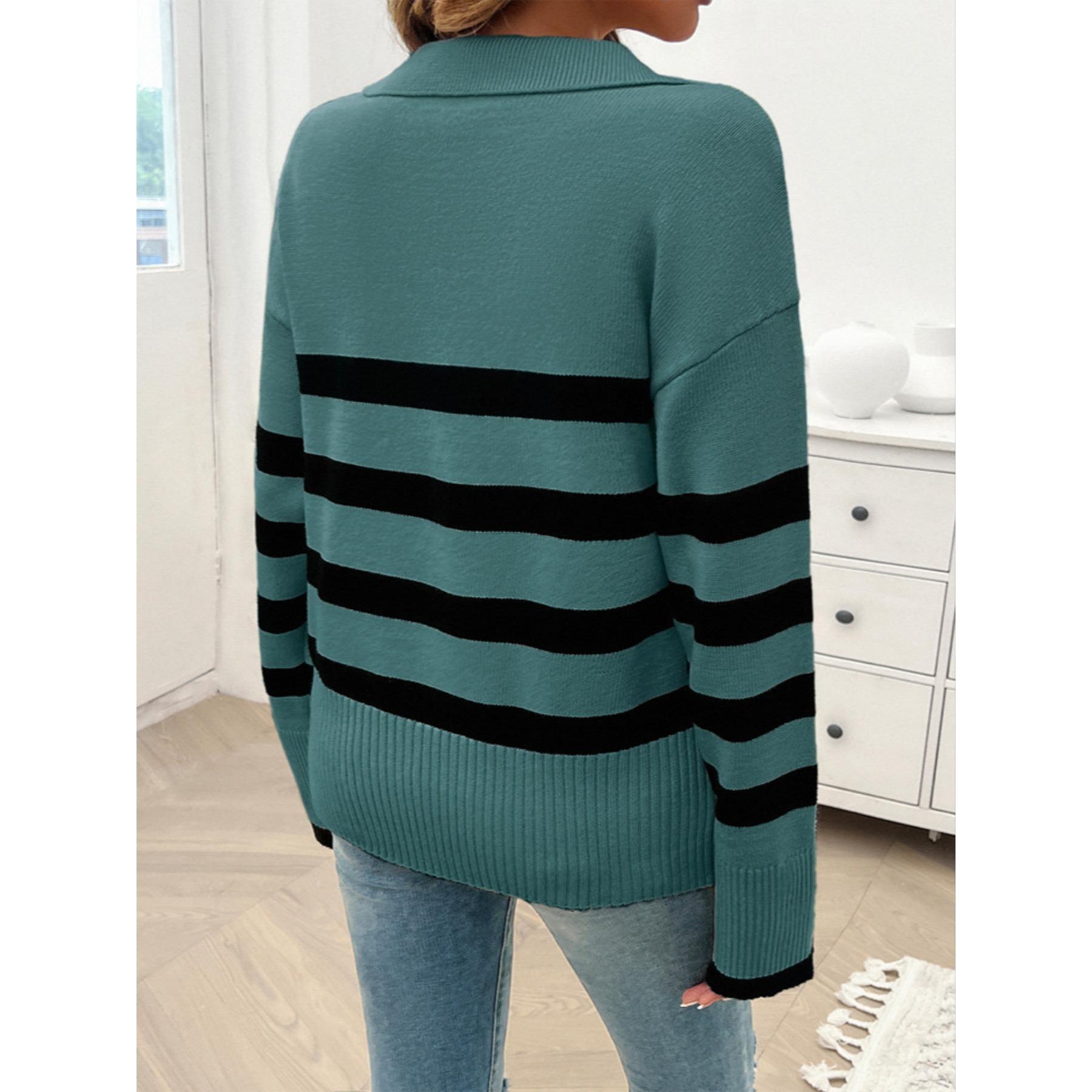 Women Polo Collar Striped Knit Sweater, Long Sleeve Color Block Loose Fit Fall Winter Casual Pullover Top