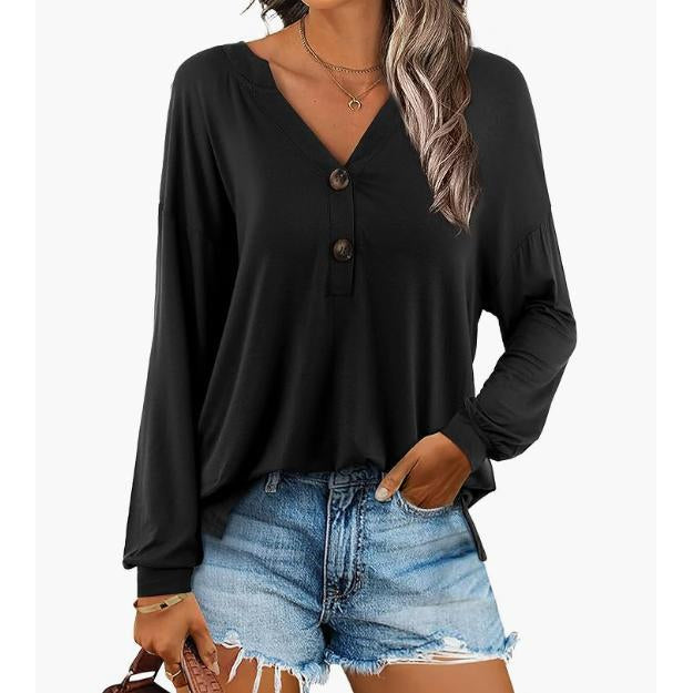 Women's Breathable Henley Long-Sleeve V-Neck Button-Decor Casual Loose Solid Minimalist Tunic Blouse, Everyday Hip Fall Basic Top for Layering Under Jackets