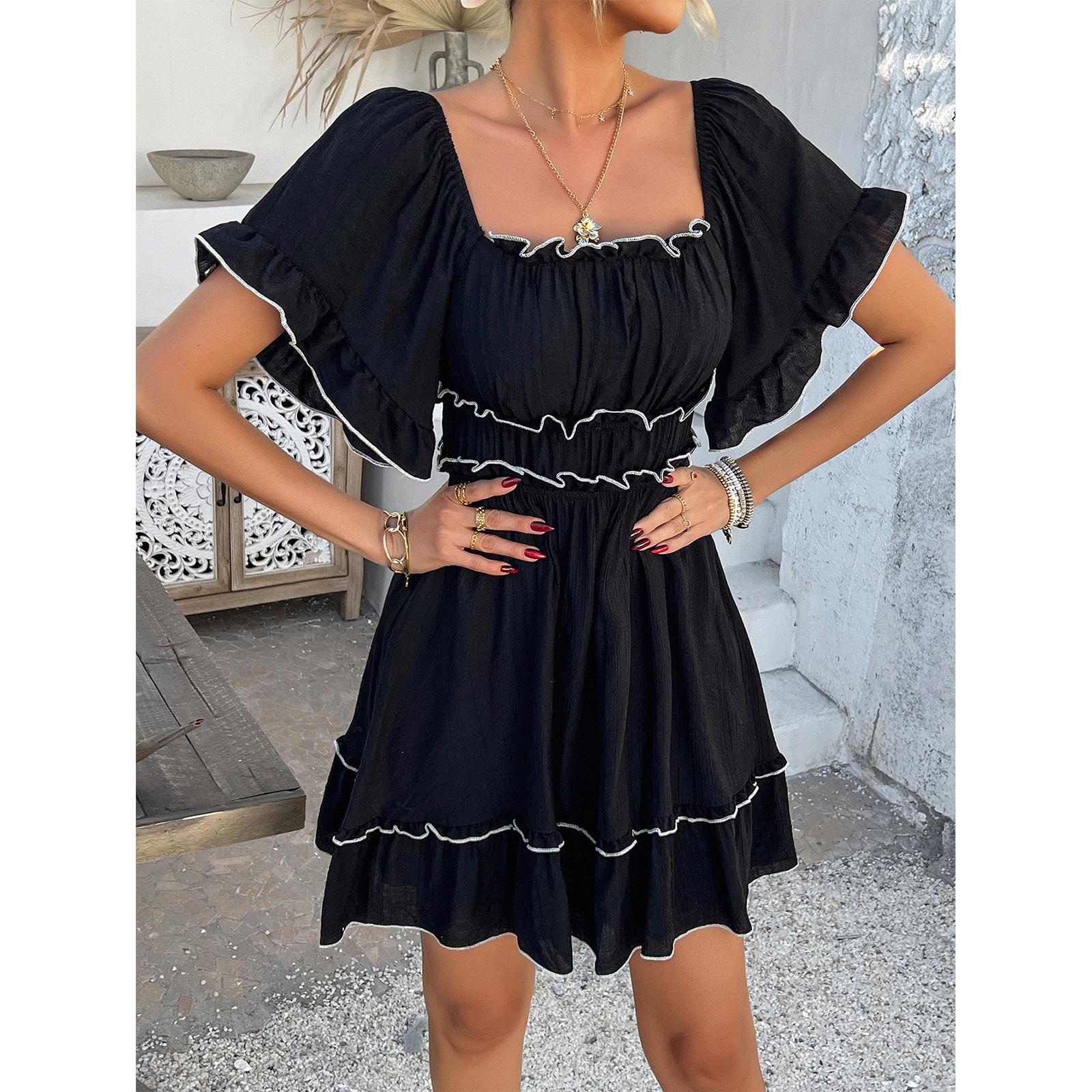 TCIFE Women's Sexy Fitted Square Neck Flutter Short Sleeve Smocked Waist A-Line Boho Tiered Cocktail Mini Dress - Breathable Fabric, Backless Open, Casual 1-Piece Vacation Party Black Clothing