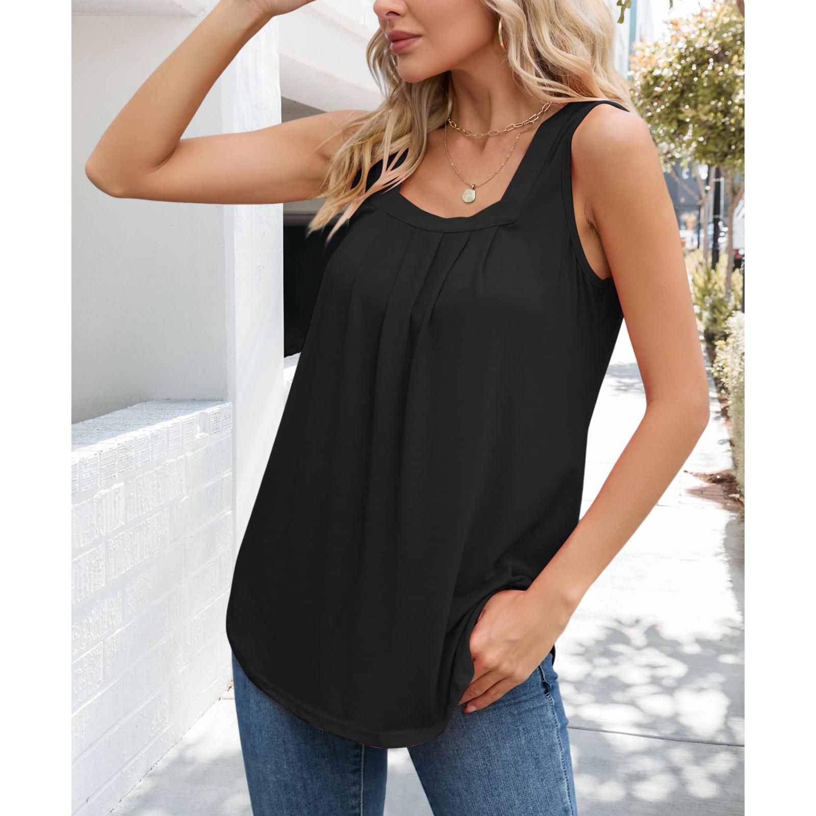 Women Square Neck Pleated Tank Top Loose Curved Hem Sleeveless Shirts Casual Summer Flowy Camisole Tops