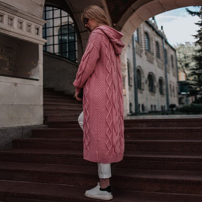 Women Solid Hooded Long Cardigan Sweater Twist Knitted Sweater