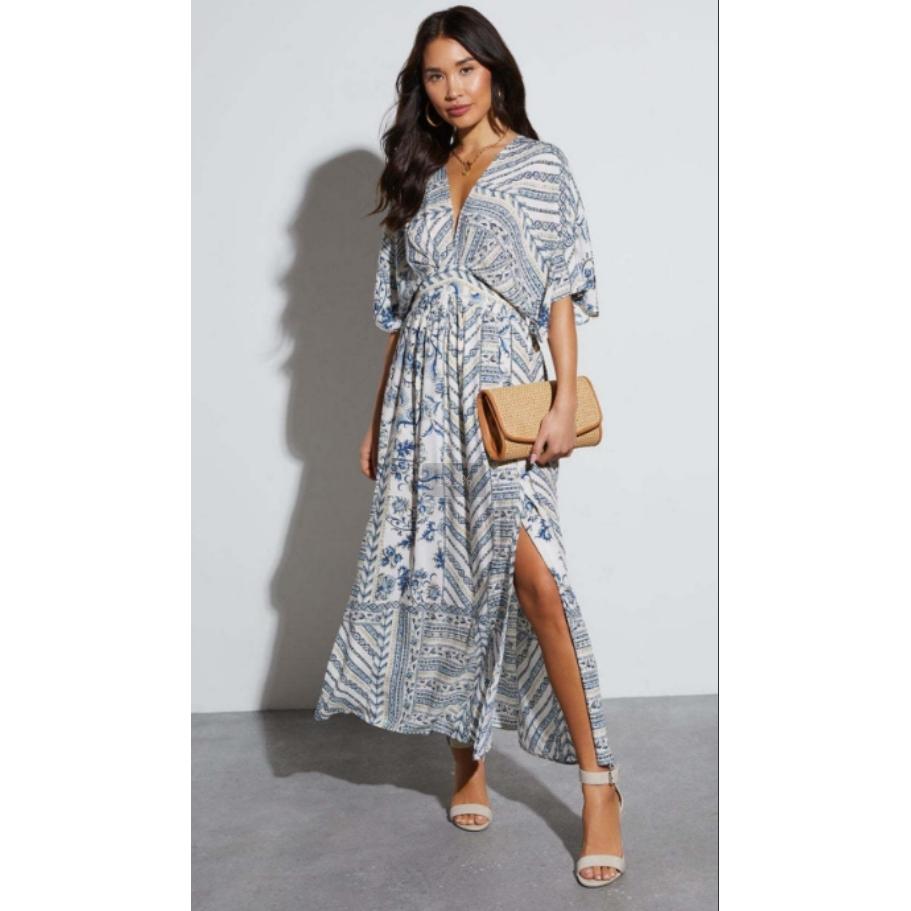 Women's Ethnic Print Bohemian Casual V-Neck Maxi Dress - Short Batwing Sleeves, Elastic Waist, Side Split, Flowy, Chic, Comfortable for Vacation, Beach