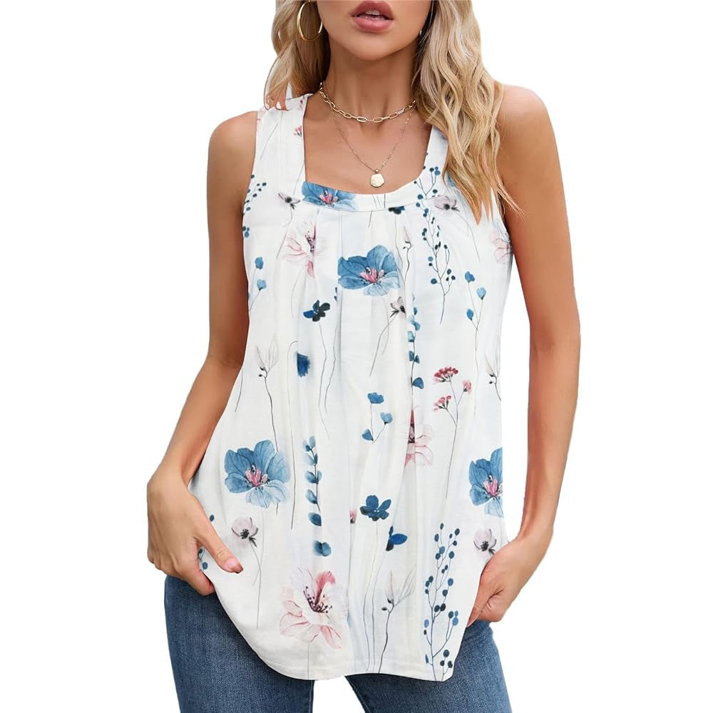 Women Square Neck Pleated Tank Top Loose Curved Hem Sleeveless Shirts Casual Summer Flowy Camisole Tops