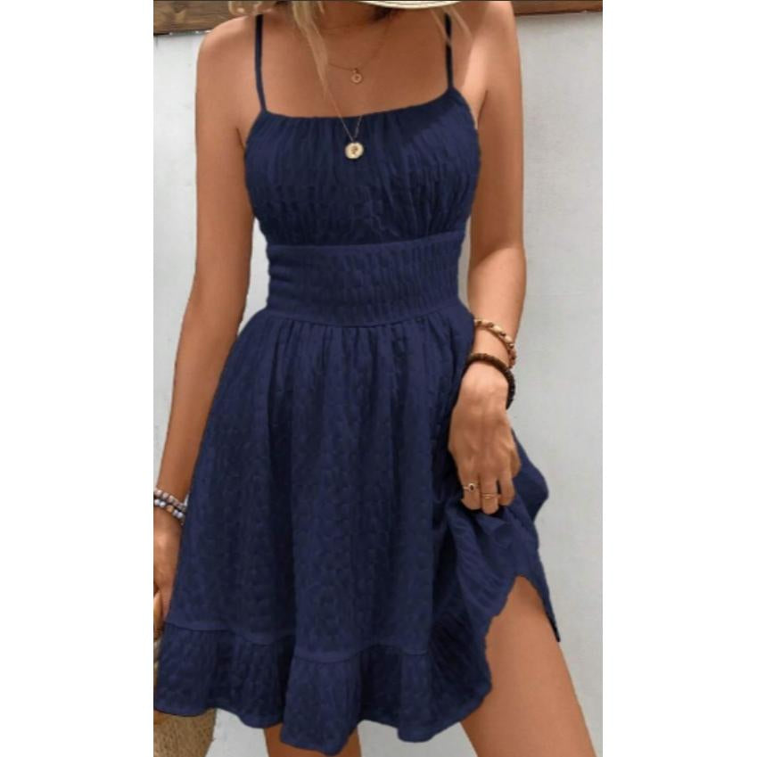 Women Square Neck Spaghetti Strap Mini Dress, Smocked Waist Textured Ruffle Hem A-line Summer Sundress for Beach Vacation