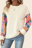 Apricot Geometric Printed Patchwork Long Sleeve Round Neck Top