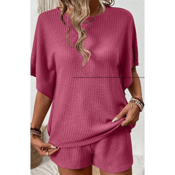 Women's 2-Piece Oversized Lightweight Basic Loose Waffle Knit Loungewear Set - Round Neck Batwing Sleeve Top, Adjustable Drawstring Elastic Shorts for Beach, Nightwear Tracksuit