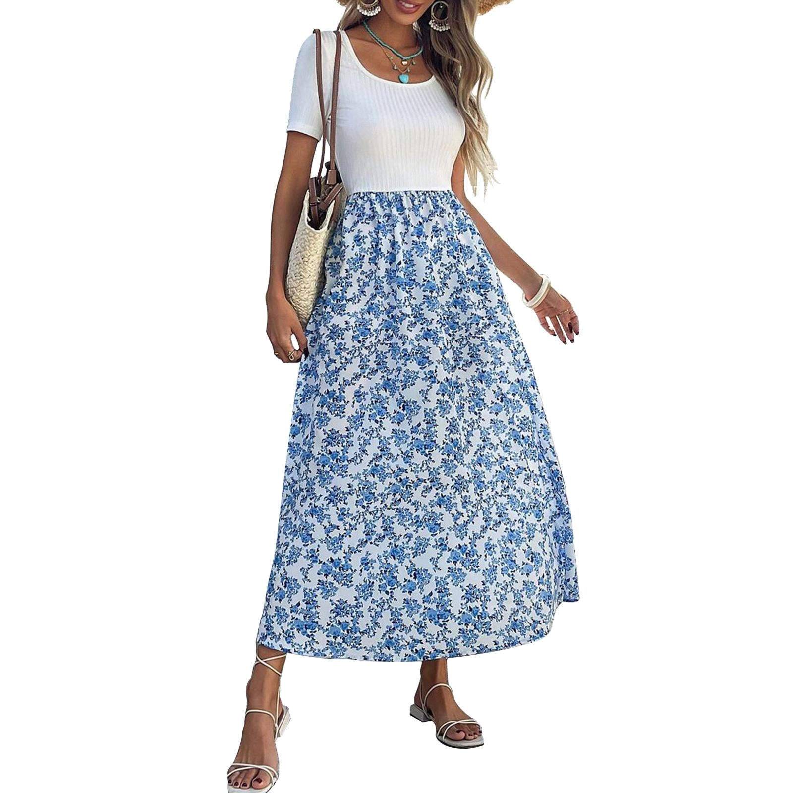 Women's Square Neck Short Sleeve Ribbed Knit High Waist Flowy Boho Midi Dress - Floral Accents Casual Dresses for Daily, Holiday Wear, Women's Dresses