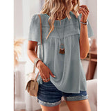 Women's Swiss Dot Lace Trim Short Sleeve Blouse - Casual Round Neck Flowy Loose Tunic Top for Summer, Blouses for Women