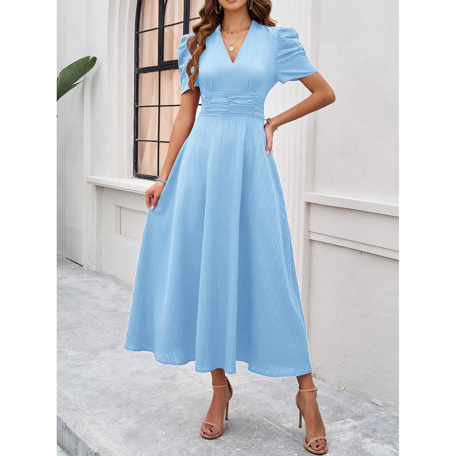 Women's V-Neck Puff Short Sleeve Midi Dress - Breathable, Lightweight, Comfortable Casual Cocktail Style with Ruched Waist, A-Line Flowy Swing, Ideal for Party, Dresses for Women, Wedding Guest, Wedding Dresses Guest