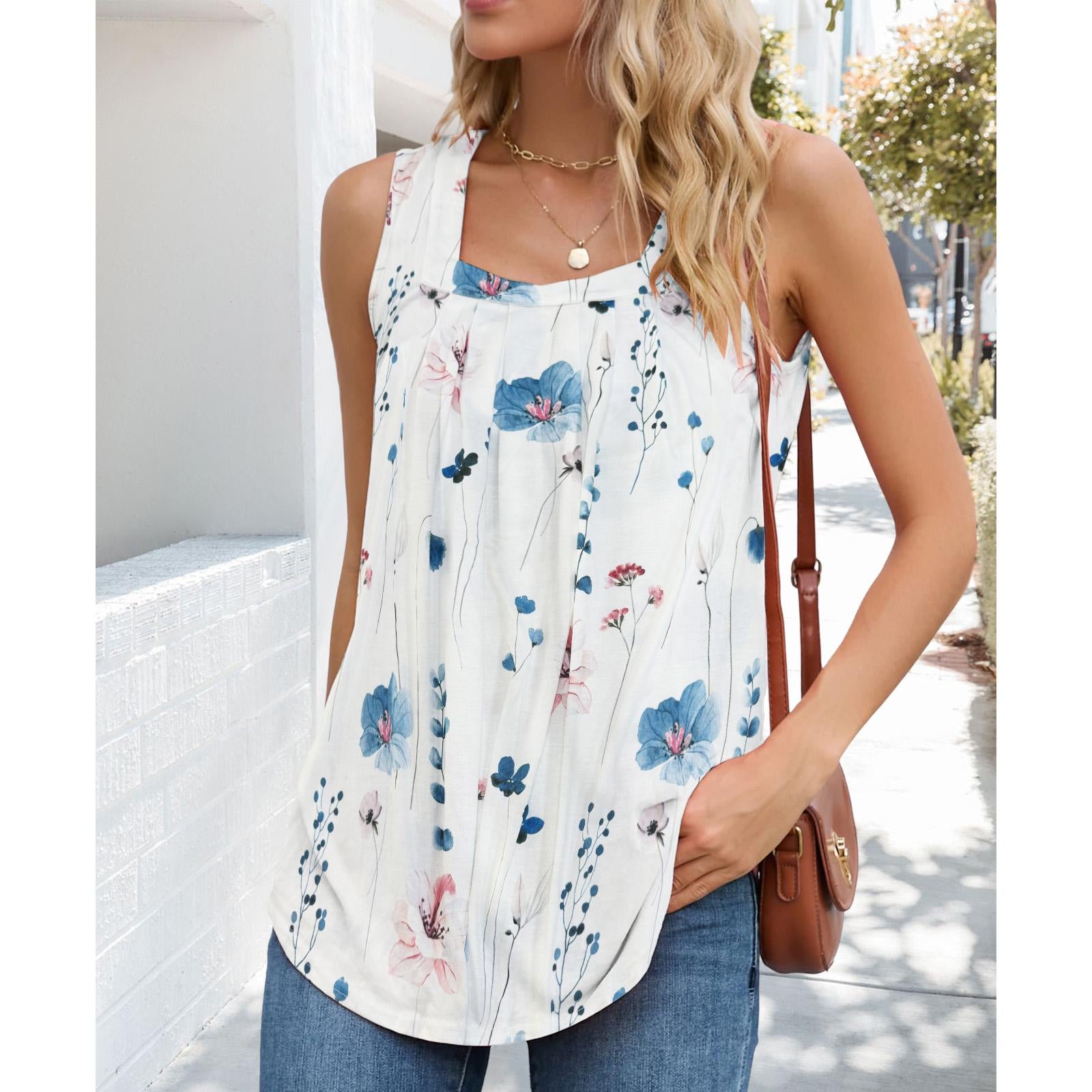 Women Square Neck Pleated Tank Top Loose Curved Hem Sleeveless Shirts Casual Summer Flowy Camisole Tops