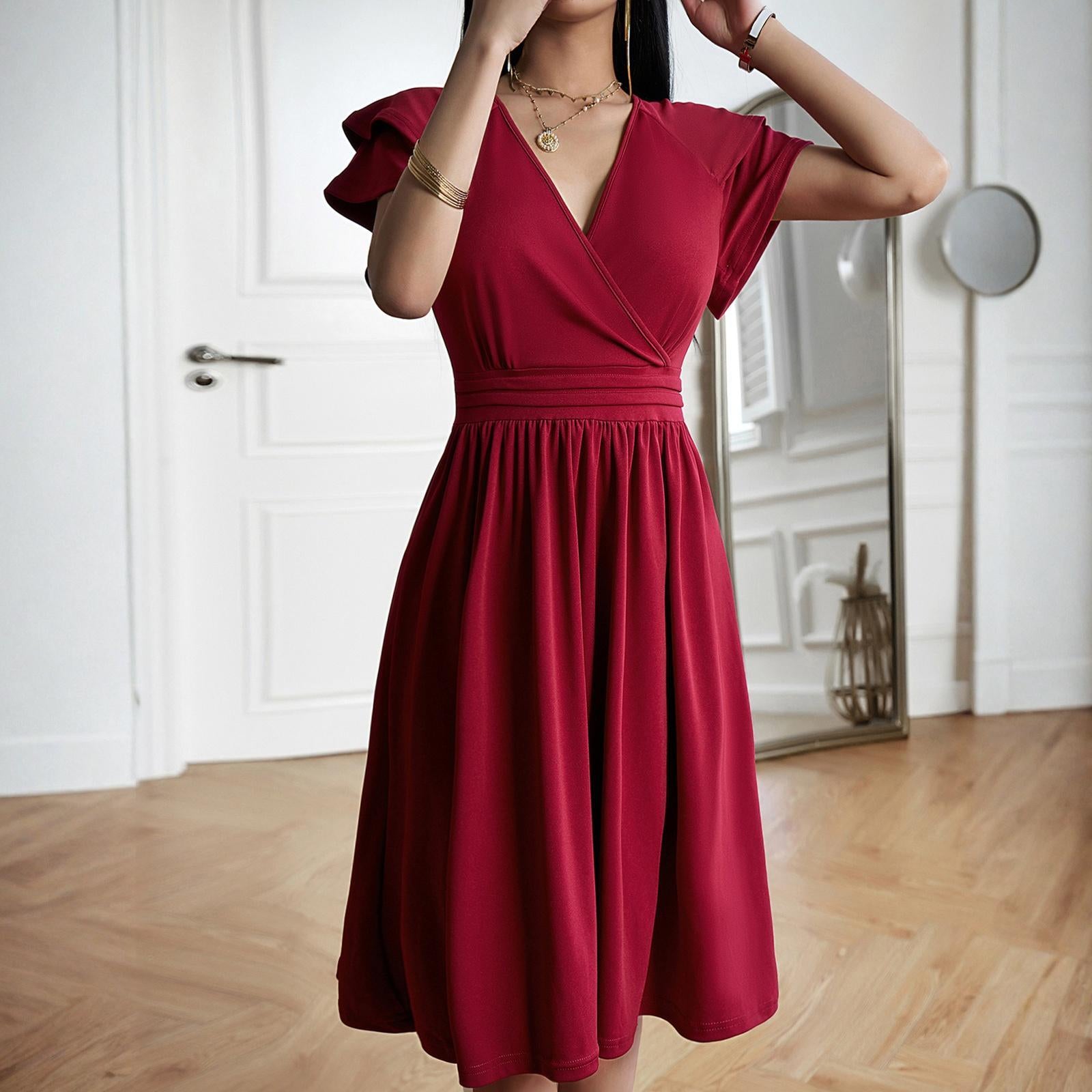 Women's Minimalist Soft Wrap V-Neck Ruffle Sleeve High-Waist Flared A-Line Midi Dress - Solid Color Elegant Chic Casual Wear Cocktail Dress with Hip-Flattering Skirt