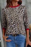 Brown Leopard Print Contrast Trim Round Neck Long Sleeve Top
