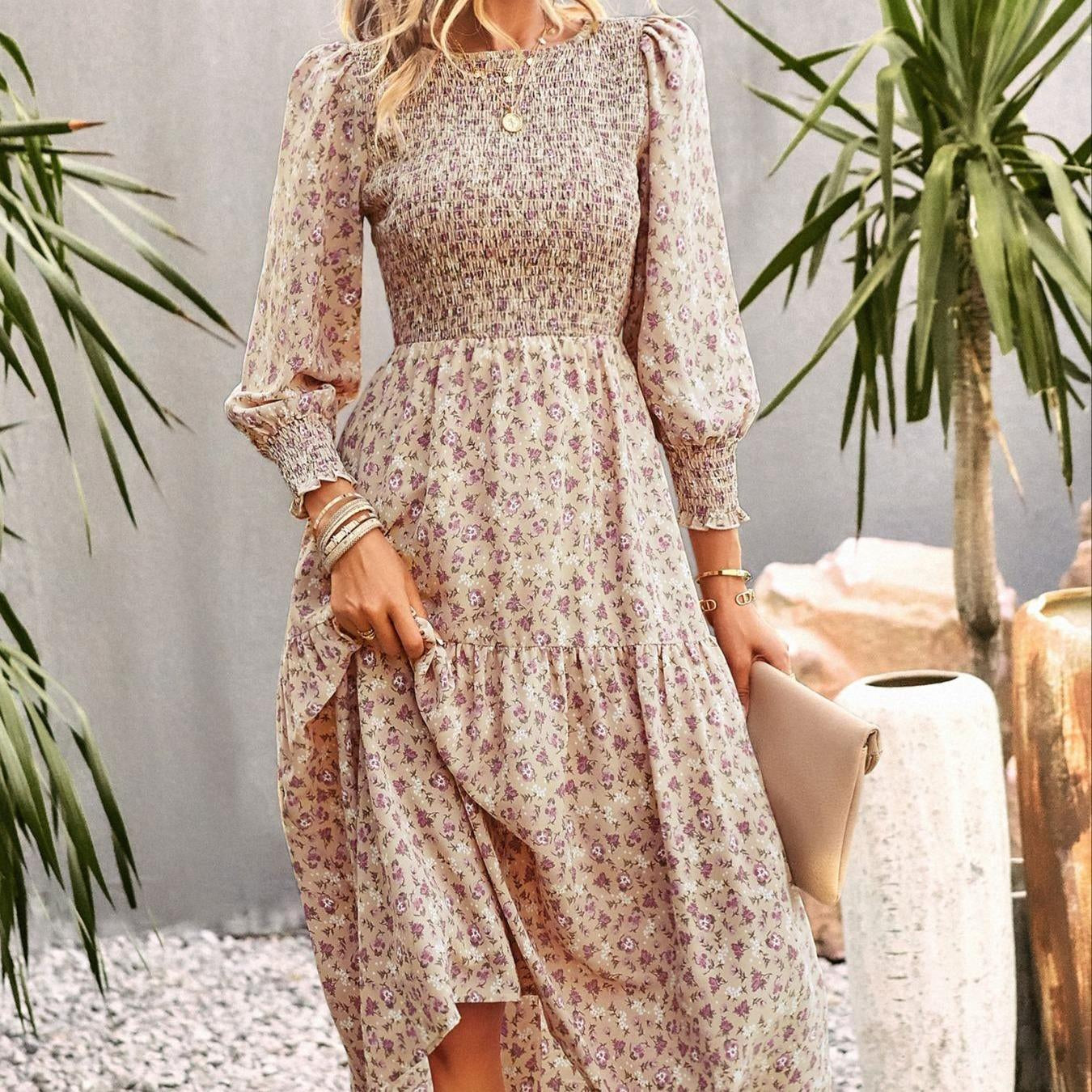 Women's Chic Traditional Colorful Flower Print Casual Boho Ruffle A-Line Mid-Length Dress - Round Neck, Shirred, Beach Wear, Womens Dresses,sohochic