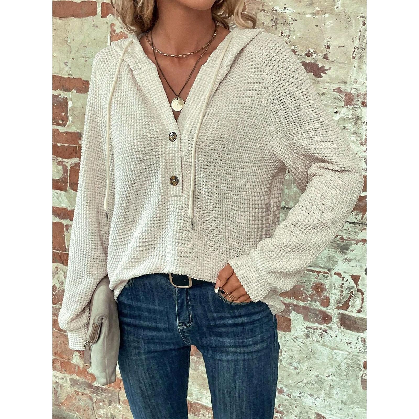 Women's Waffle Knit Henley Hoodie Long Sleeve Drawstring Button V Neck Casual Loose Fit Basic Tops