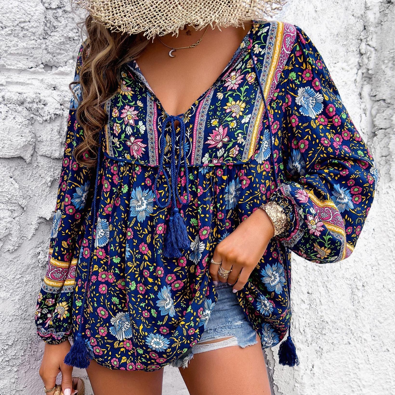 Women's Chic Bohemian Floral Print Blouse - Elegant V-Neck Drawstring Tassel Tie, Long Lantern Sleeves, Loose Comfortable Ethnic Shirts for Summer Beach Vacation Style