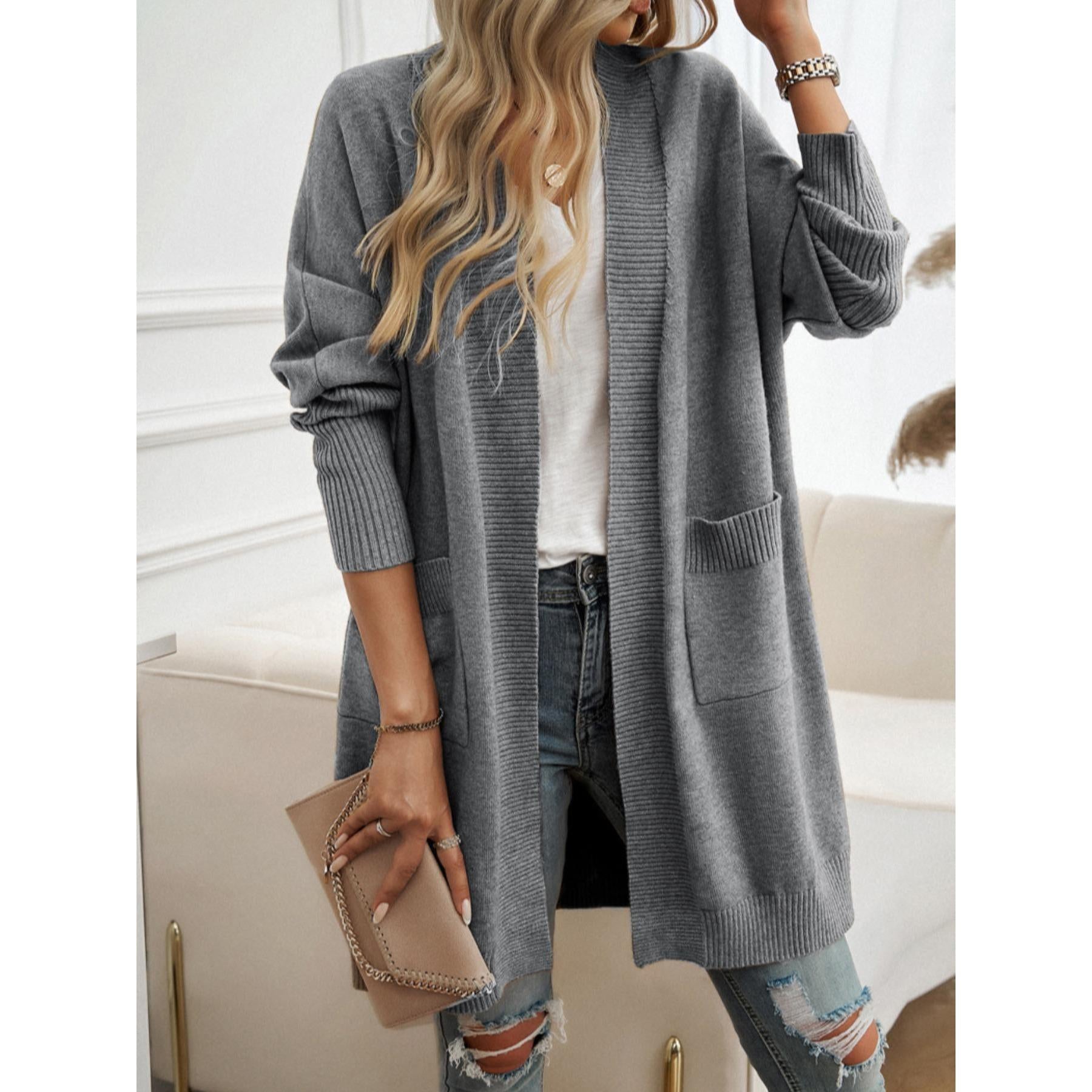 Women Long Open Front Knit Cardigan, Oversized Batwing Sleeve Sweater Coat with Pockets, Casual Loose Mid-Length Outerwear for Fall Winter