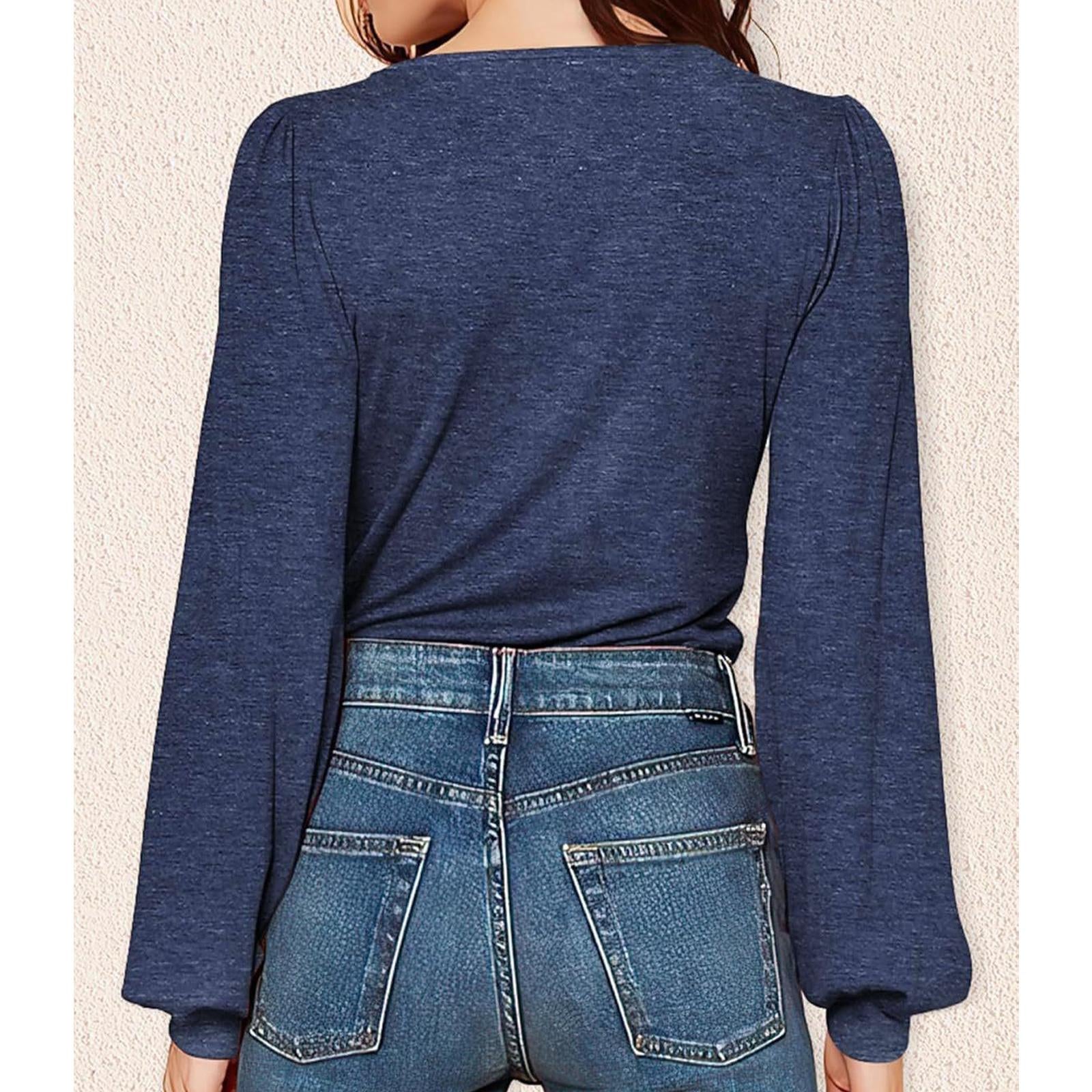 Women's Feminine Knit Deep V-Neck Long Sleeve Blouses - Puff Lantern Sleeves, Pleated Front, Basic Comfy Stretchy Solid Color Loose Fit Casual Shirts for Daily Wear