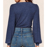 Women's Feminine Knit Deep V-Neck Long Sleeve Blouses - Puff Lantern Sleeves, Pleated Front, Basic Comfy Stretchy Solid Color Loose Fit Casual Shirts for Daily Wear