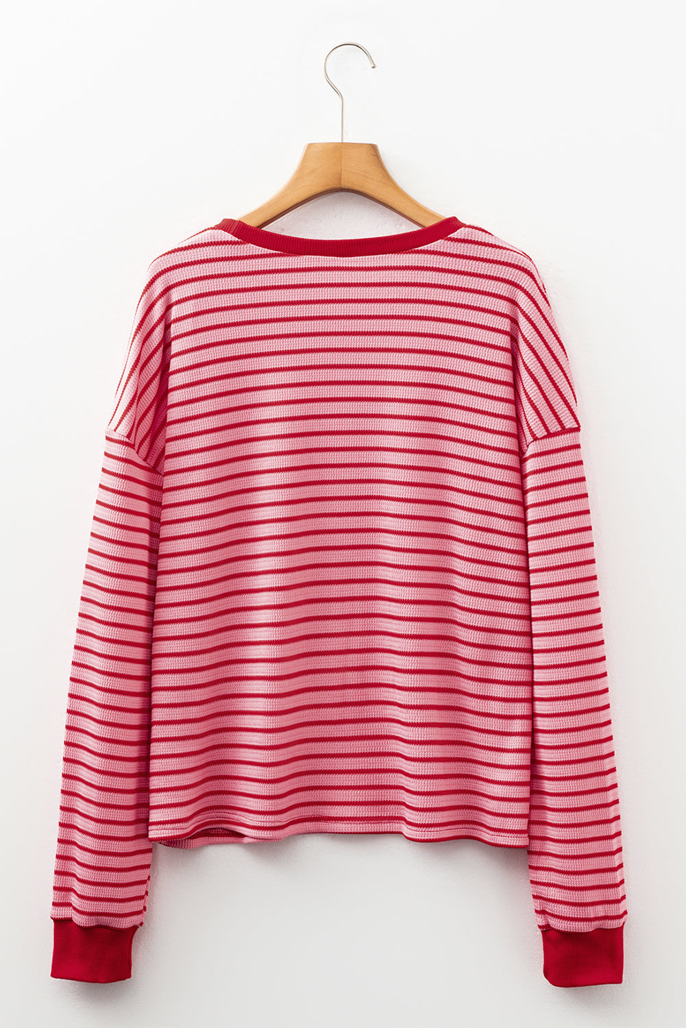 Pink Stripe Textured Round Neck Drop Shoulder Long Sleeve T Shirt