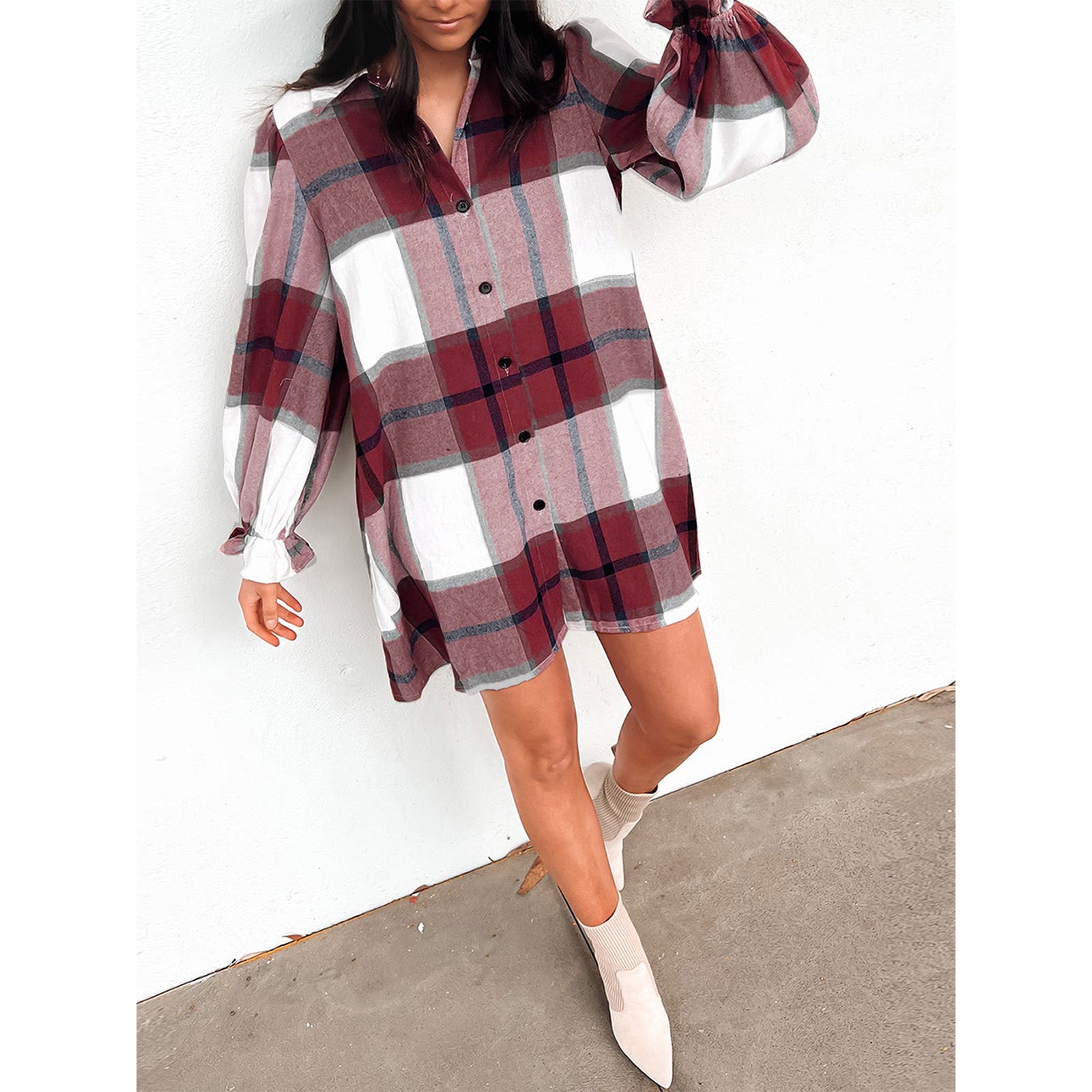 Women's Long Sleeve Flannel Plaid Button Down Shirts Lapels Casual Blouse