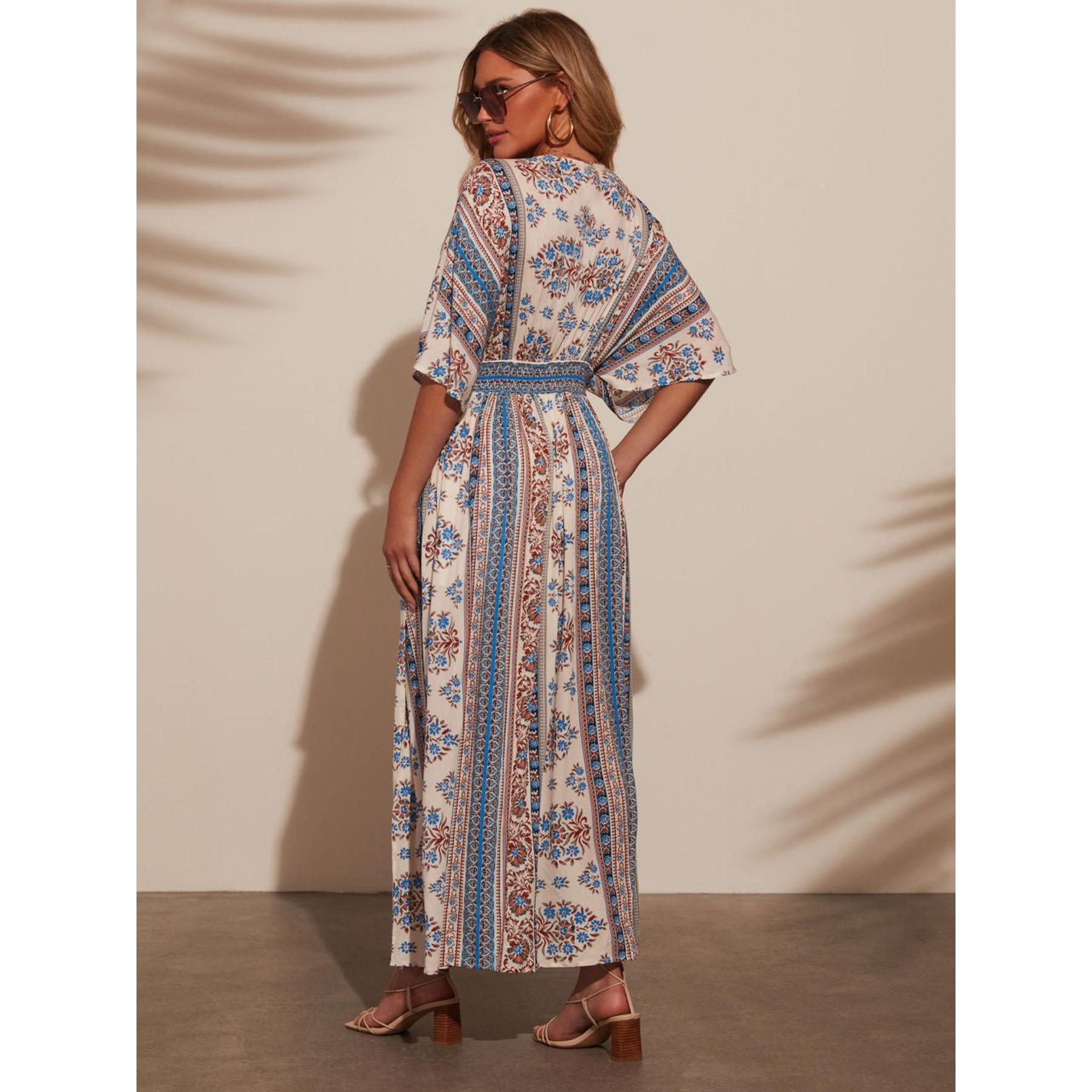 Women's Ethnic Print Bohemian Casual V-Neck Maxi Dress - Short Batwing Sleeves, Elastic Waist, Side Split, Flowy, Chic, Comfortable for Vacation, Beach