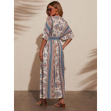 Women's Ethnic Print Bohemian Casual V-Neck Maxi Dress - Short Batwing Sleeves, Elastic Waist, Side Split, Flowy, Chic, Comfortable for Vacation, Beach
