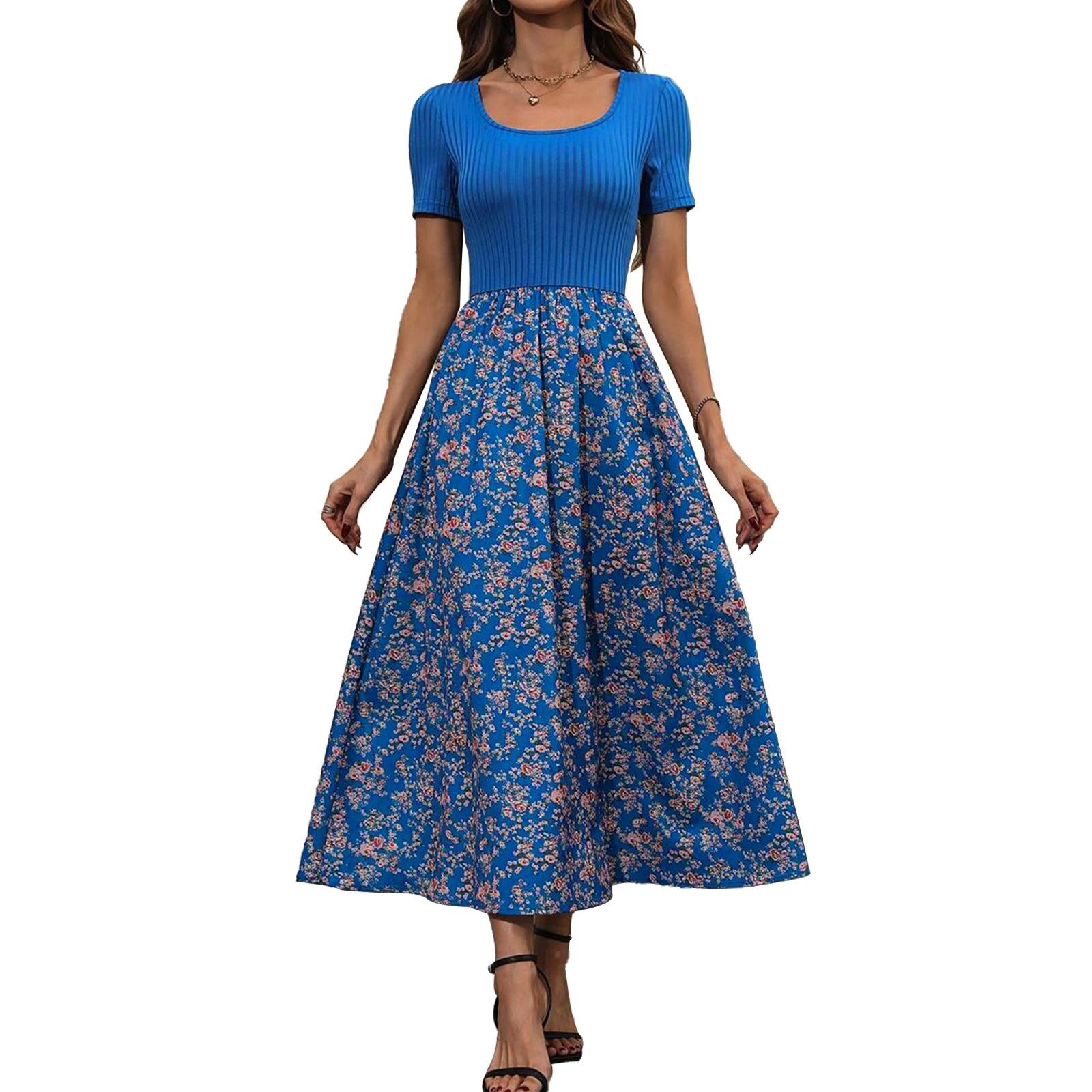 Women's Square Neck Short Sleeve Ribbed Knit High Waist Flowy Boho Midi Dress - Floral Accents Casual Dresses for Daily, Holiday Wear, Women's Dresses