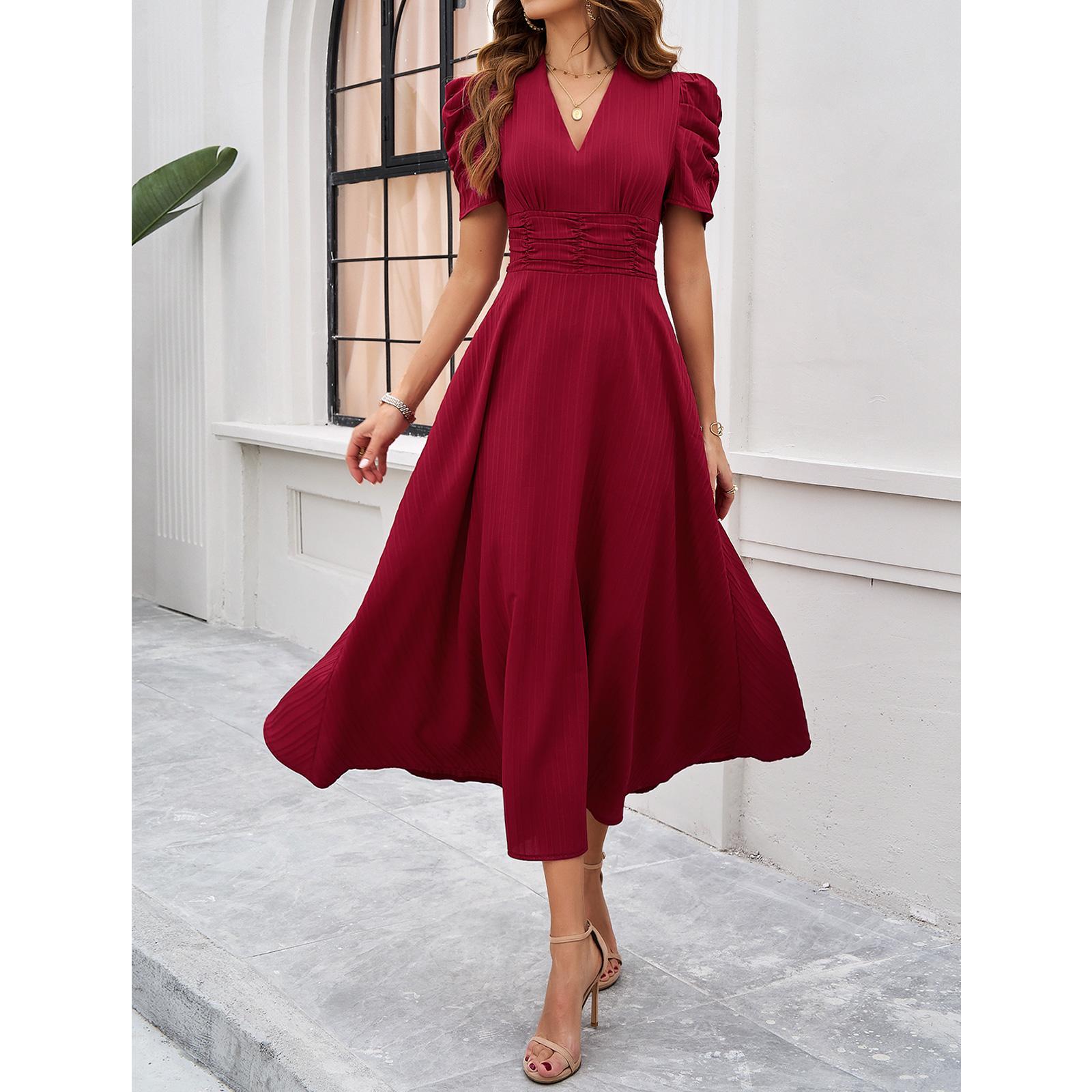 Women's V-Neck Puff Short Sleeve Midi Dress - Breathable, Lightweight, Comfortable Casual Cocktail Style with Ruched Waist, A-Line Flowy Swing, Ideal for Party, Dresses for Women, Wedding Guest, Wedding Dresses Guest