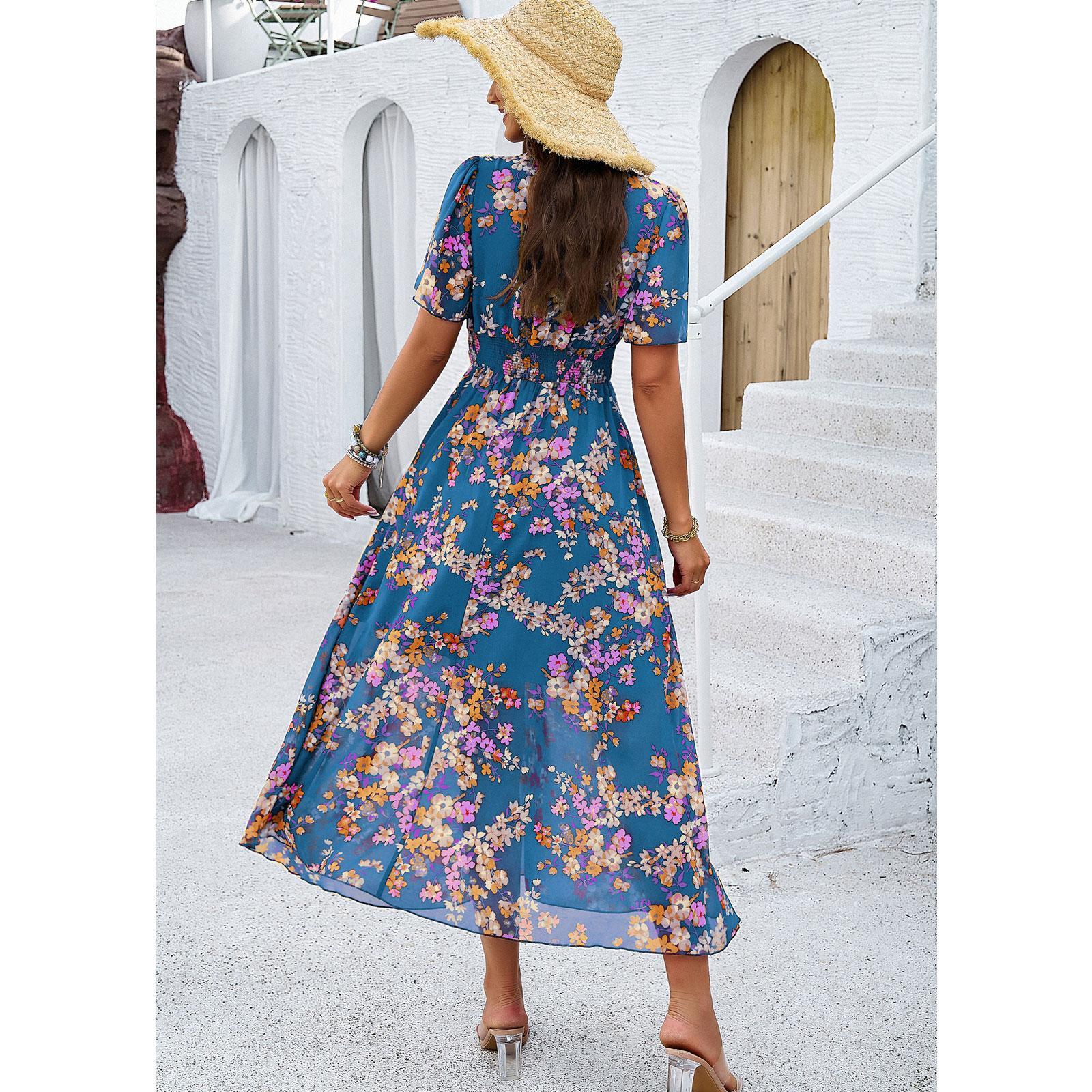 Lady's Elegant Casual Polyester Dress - Short Sleeves, V-Neck, Ditsy Floral Print, A-Line, Bohemian Style, Pull-On, Machine Washable Casual Wear for Summer Vacation Beach