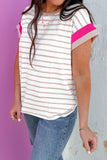 Khaki Stripe Color Block Trim Round Neck Short Sleeve Top