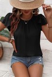 Black Flounce Sleeve Pleated Textured Blouse