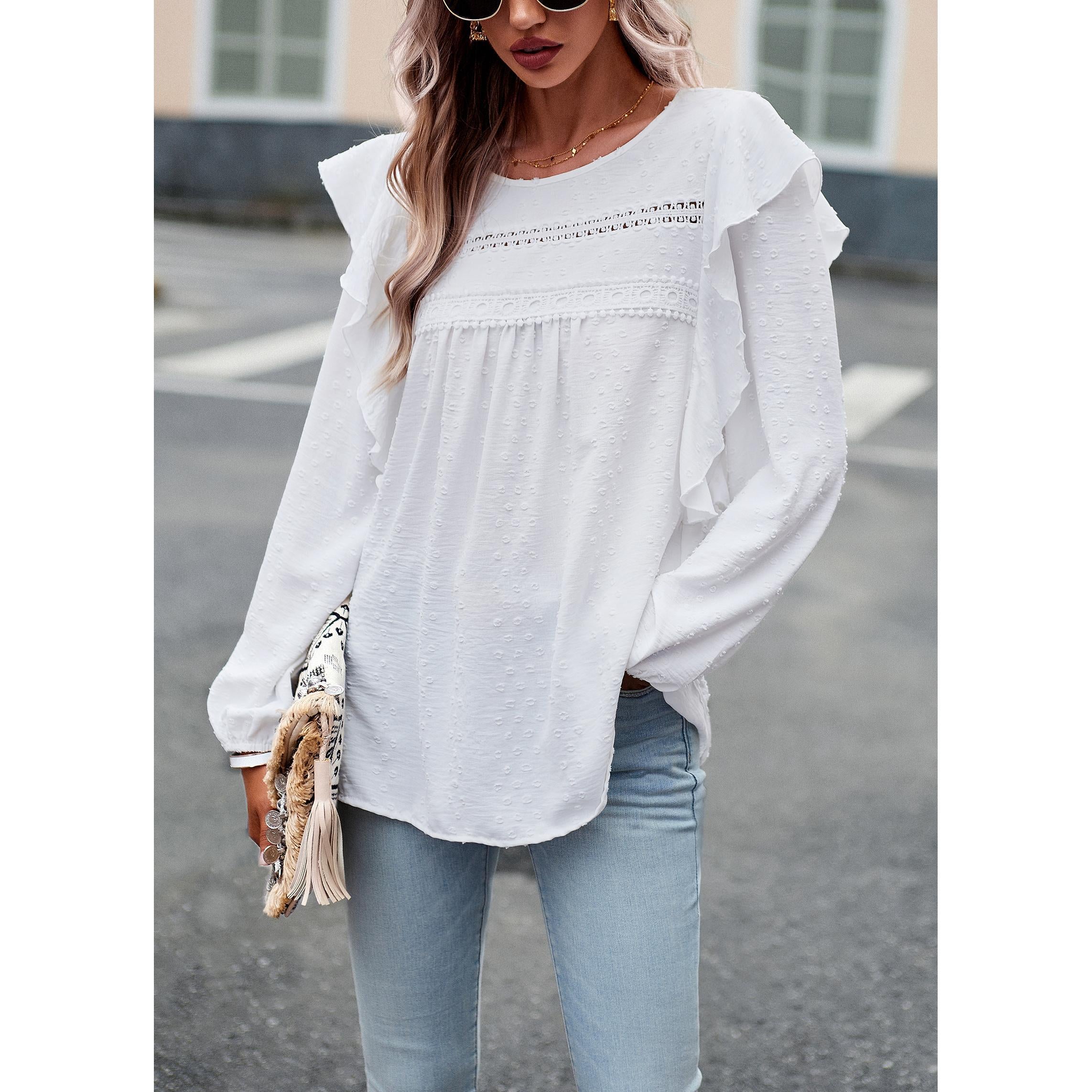 Women's Soft Feminine Swiss Dot Blouse - Long Sleeve, Round Neck with Lace Cutout, Loose Flowy Casual Comfy Boho Tunic Top with Soft Fabric
